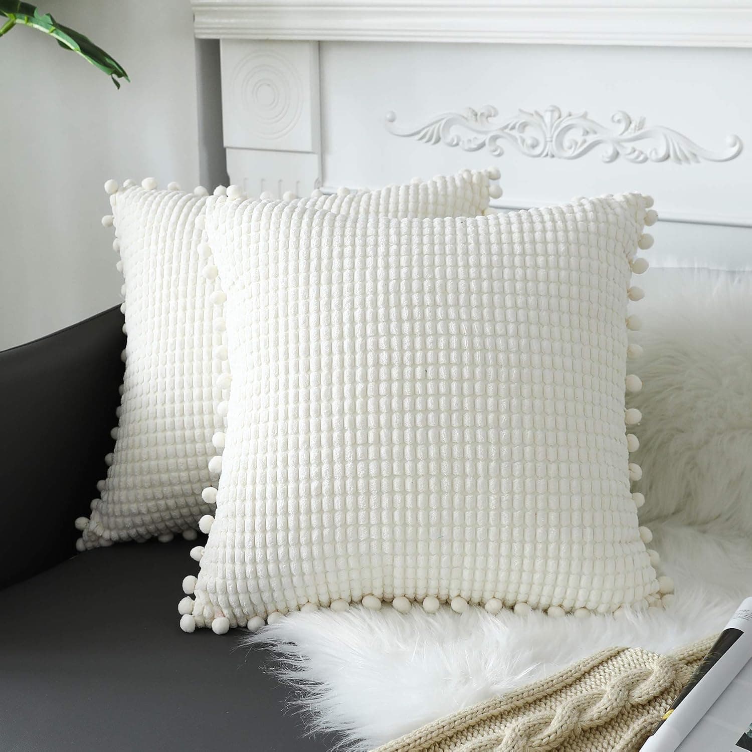 sykting Cream White Throw Pillow Covers 16x16 Soft Modern Farmhouse Throw Pillow Cases with Pom Poms Decorative for Couch Sofa Bed Living Room Pack of 2