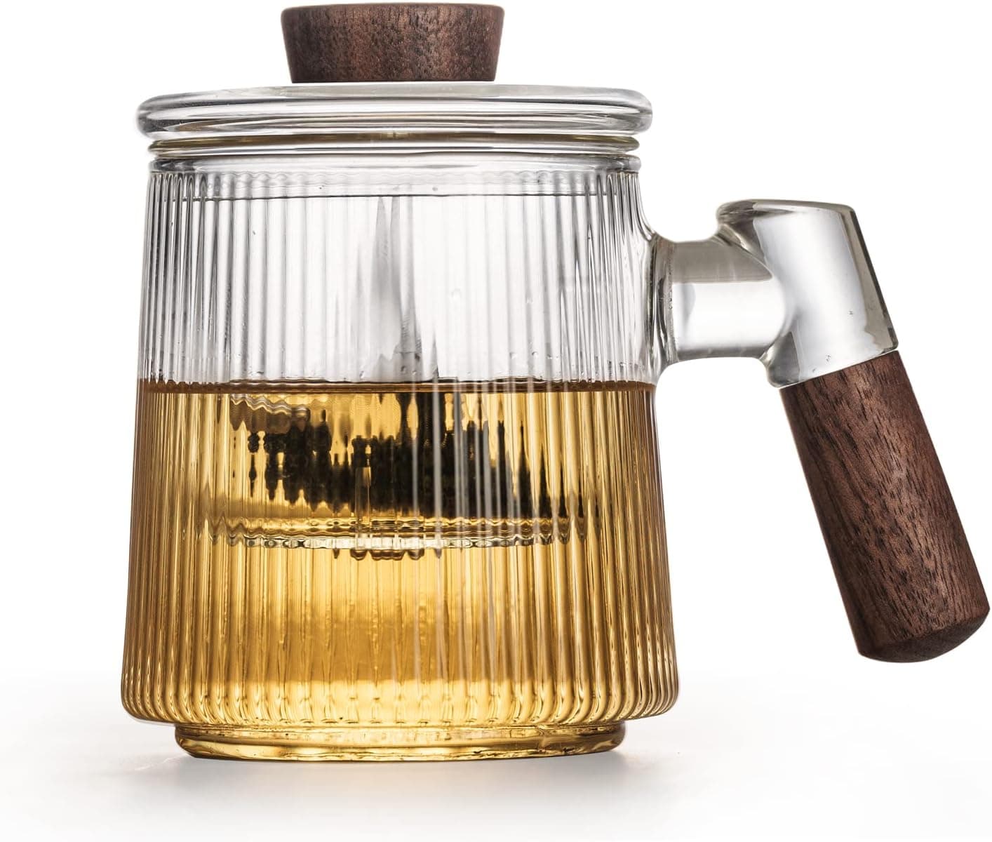 WENSHUO Glass Tea Infuser Mug with Lid, Clean Texture, Light Colored Handle,15oz (Dark color)