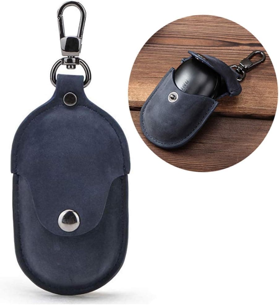 APOSU Genuine Leather Case for Galaxy Buds, Portable Protective Shockproof Cover with Keychain Compatible Samsung Galaxy Buds Earbuds Accessories (Blue)
