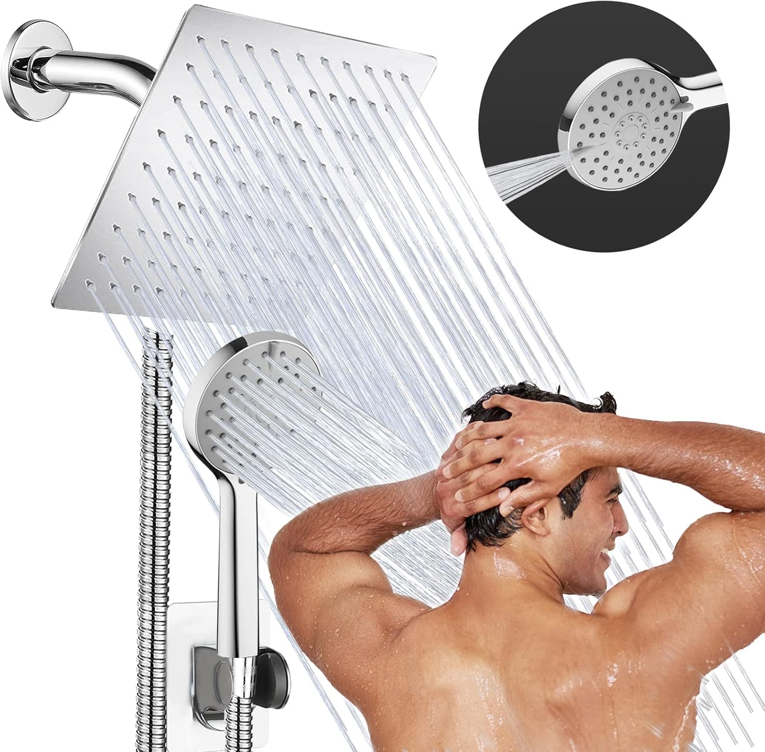 Shower Head, 8” Rain Shower Head with Handheld Spray High Pressure Rainfall with 5FT Hose, Flow Regulator, NozzleEasy to Clean Bathtub or Pets,Chrome