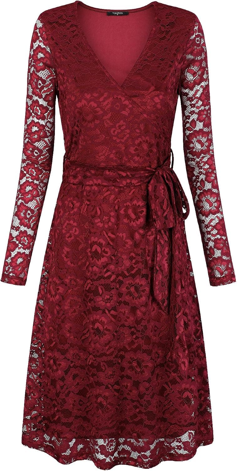 VALOLIA Women's Long Sleeve Vintage Lace Dress Cocktail Party Midi Dresses with Lining Wine S