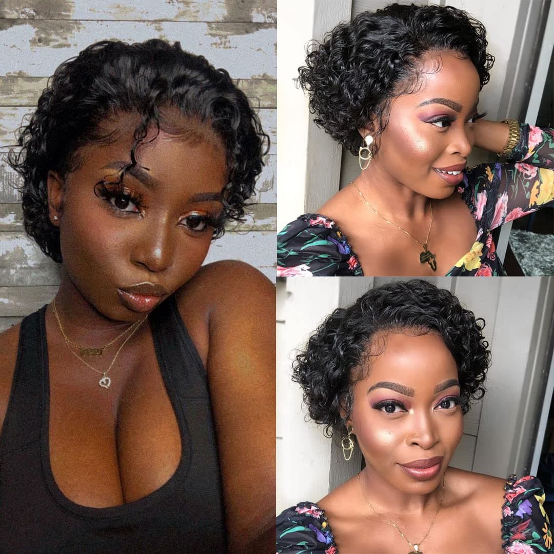 Julia Hair Short Bob Curly Lace Front Wigs Human Hair Pixie Cut Wig for Women, 10A Malaysian 13X1 Transparent Lace Frontal Wigs Pre Plucked Natural Black Color 6inch