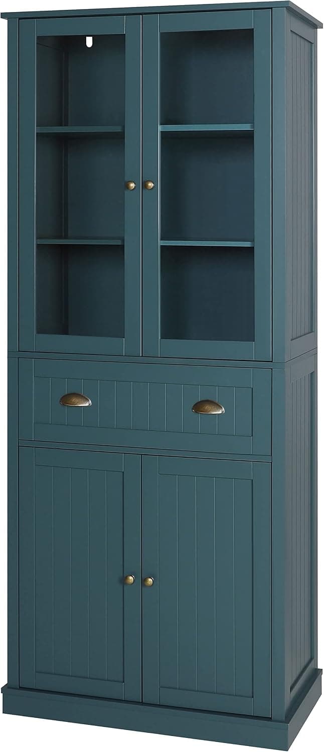 MUPATER Kitchen Pantry Storage Cabinet Microwave Hutch, 72'' Freestanding Hutch Cabinet Buffet Cupboard Tall with Drawer and Doors for Home Kitchen Living Room, Blue
