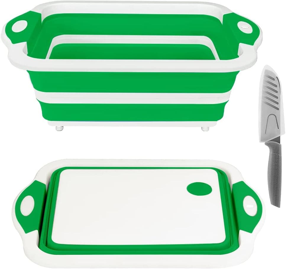 Rottogoon Collapsible Cutting Board, Foldable Chopping Board with Colander, Multifunctional Kitchen Vegetable Washing Basket Silicone Dish Tub for BBQ Prep/Picnic/Camping(Green)