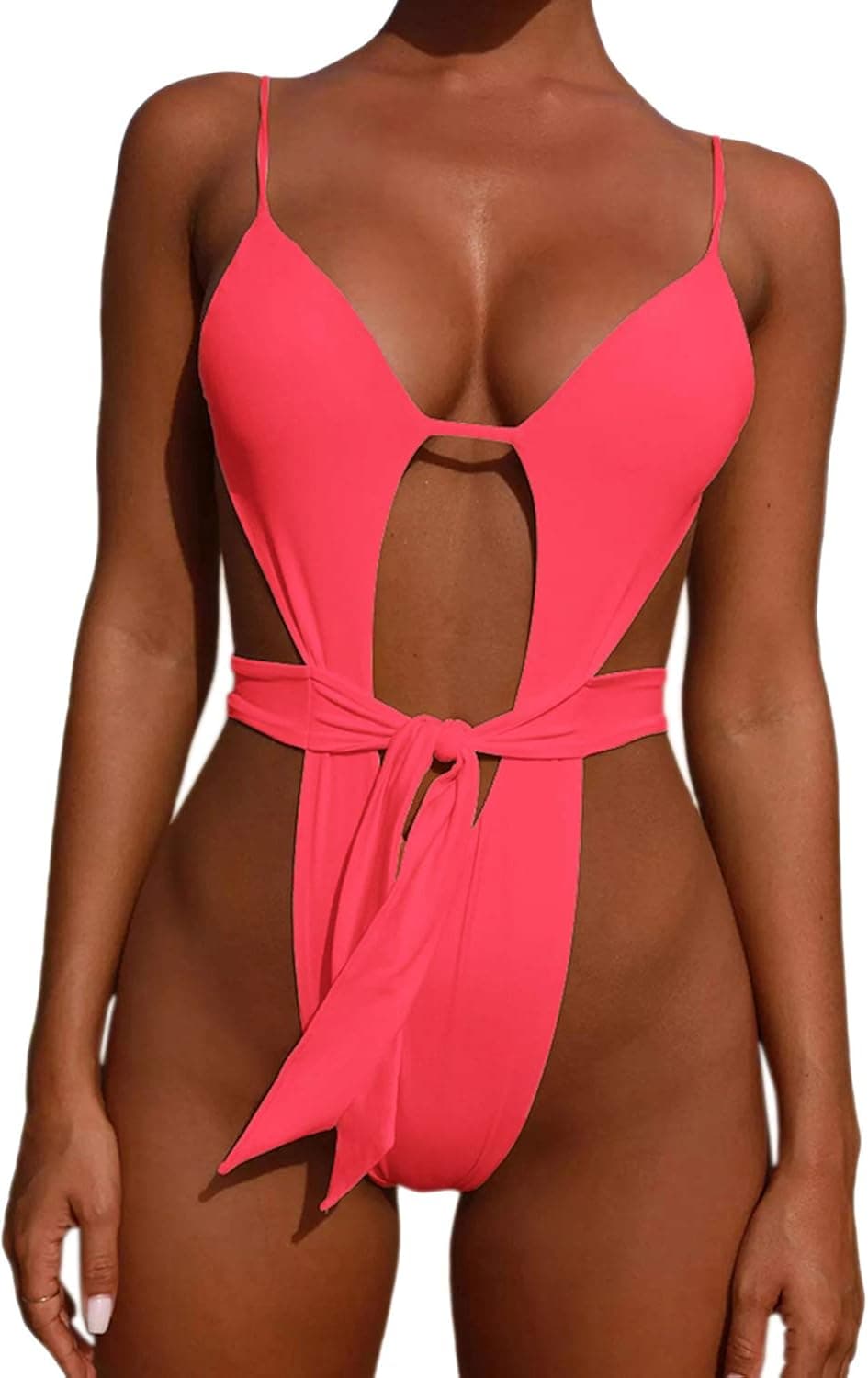 ALBIZIA High Cut High Waisted One Piece Swimsuit for Women Adjustable Spaghetti Strap Swimsuit
