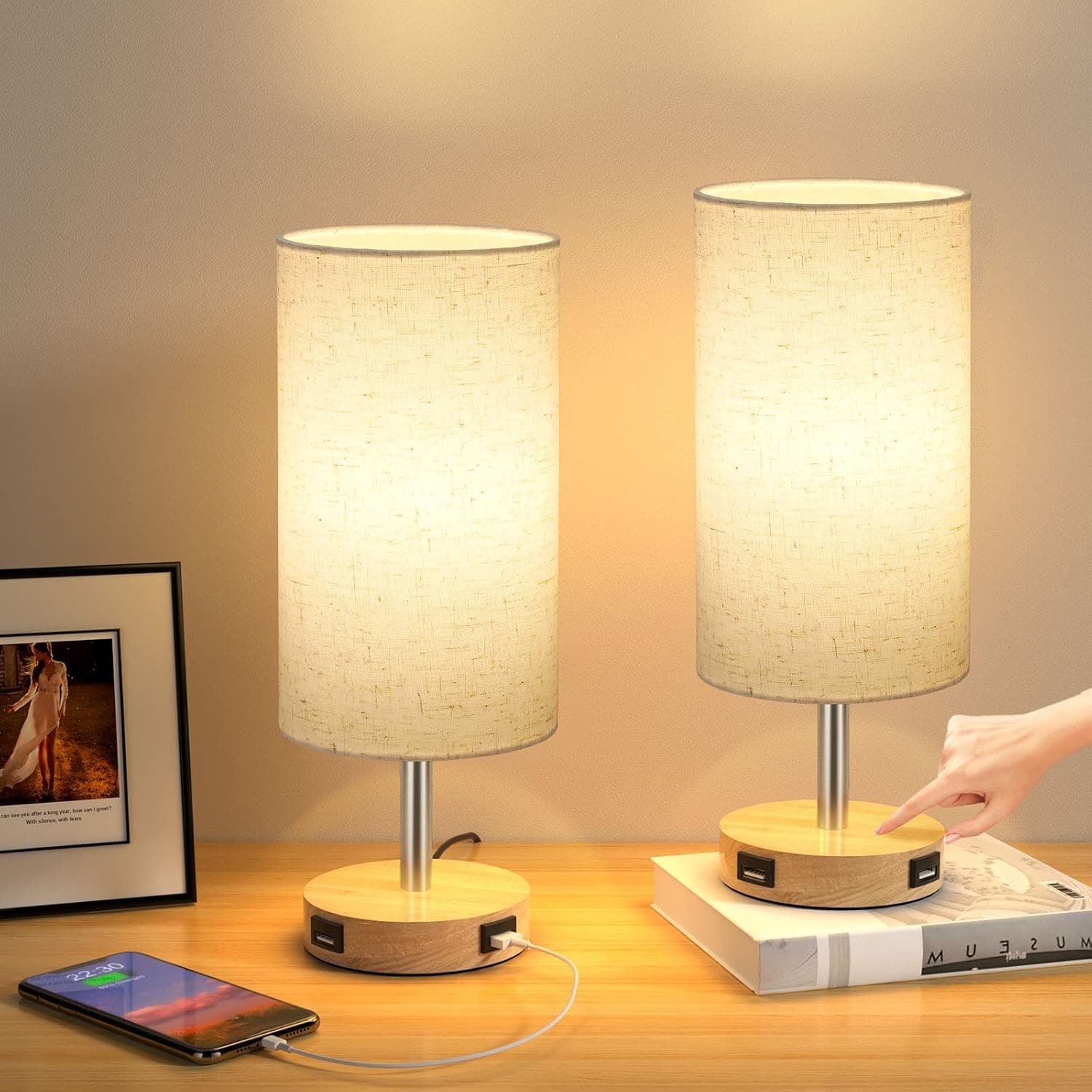 Doowo Touch Table Lamp for Bedrooms Set of 2, Stepless Dimmable Bedside Lamp with USB Ports, Small Lamps for Nightstand, Living Room, Kids Room, Office, Night Desk Lamp w/Wooden Round Base & LED Bulb