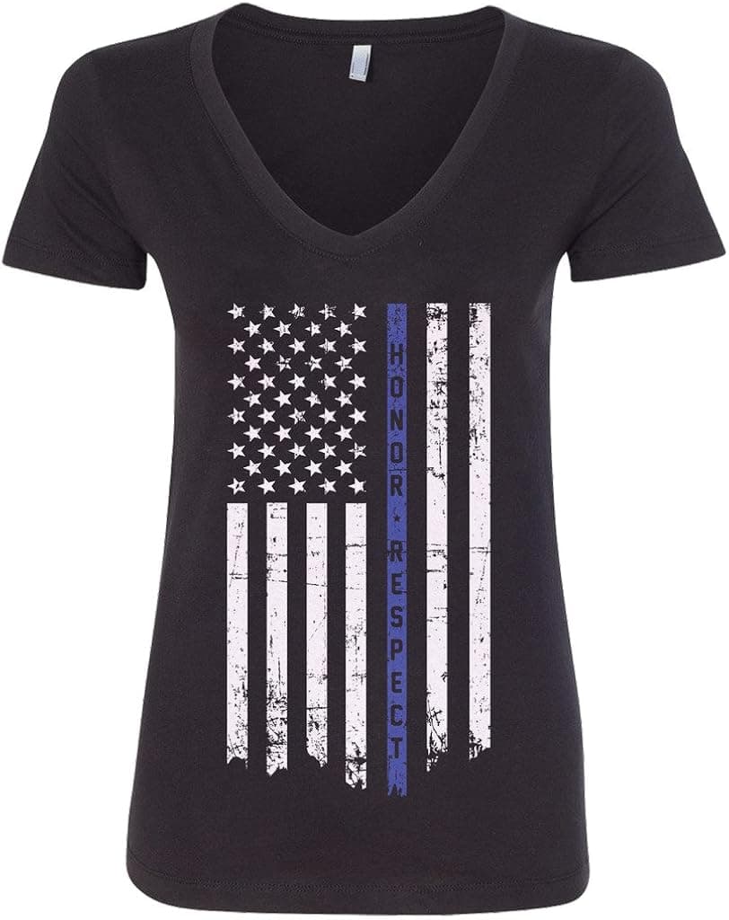 Threadrock Women's Honor & Respect Thin Blue Line Flag V-Neck T-Shirt