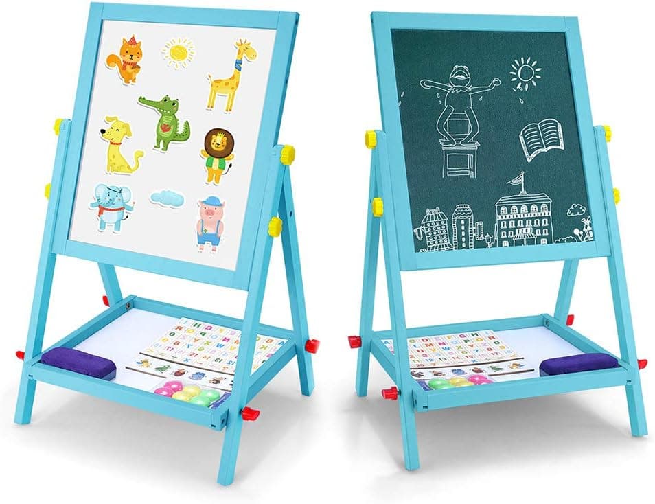 USELUCK Wood Art Easel for Kids,Double-Sided Magnetic Board for Kids with Magnetic Letters, Numbers and Other Accessories, Education Toys