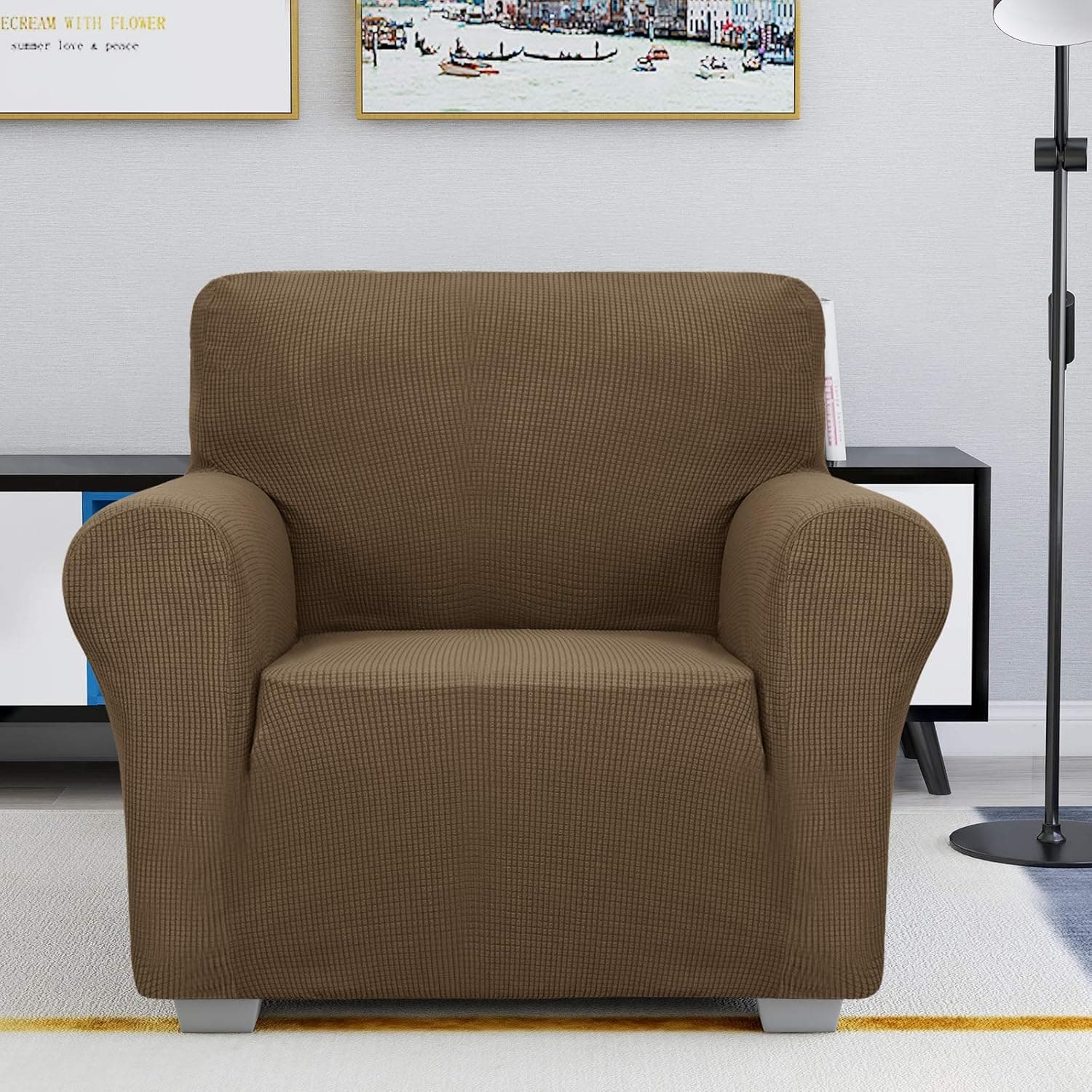 JIVINER Super Stretch Chair Slipcovers with Arms 1-Piece Jacquard Small Checks Living Room Armchair Covers Soft Anti Slip Sofa Couch Furniture Protector for Kids Pets (Chair, Brown)