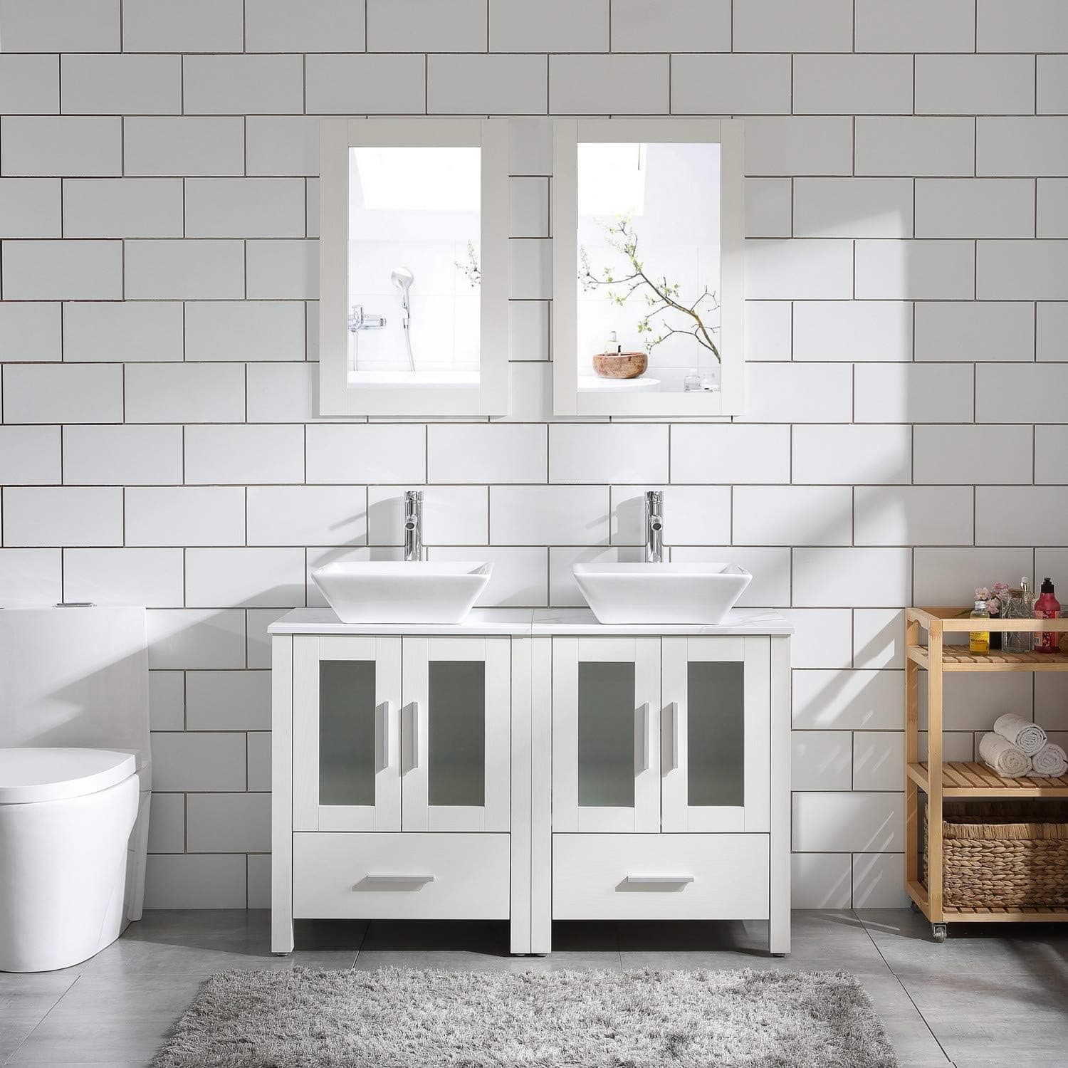 Homecart 48" Double Sink Bathroom Vanity Cabinet White Marble Pattern Top w/Mirror Faucet & Drain (Ceramic Sink)