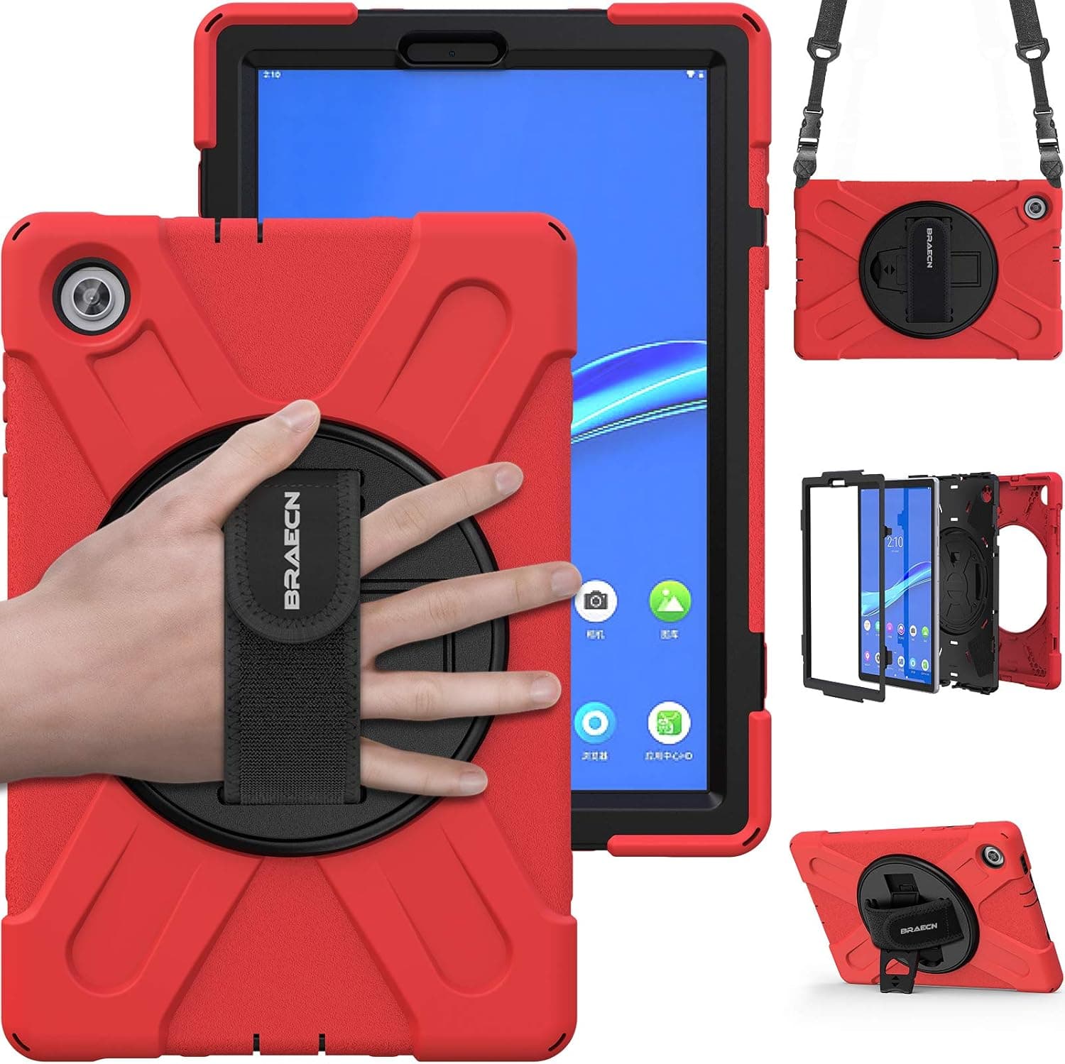 BRAECN Case for Lenovo Tab M10 FHD Plus 10.3 inch, Heavy Duty Rugged Shockproof Protective Case with Kickstand, Hand and Shoulder Strap for Tab M10 Plus Tablet X606F/X606X-RED