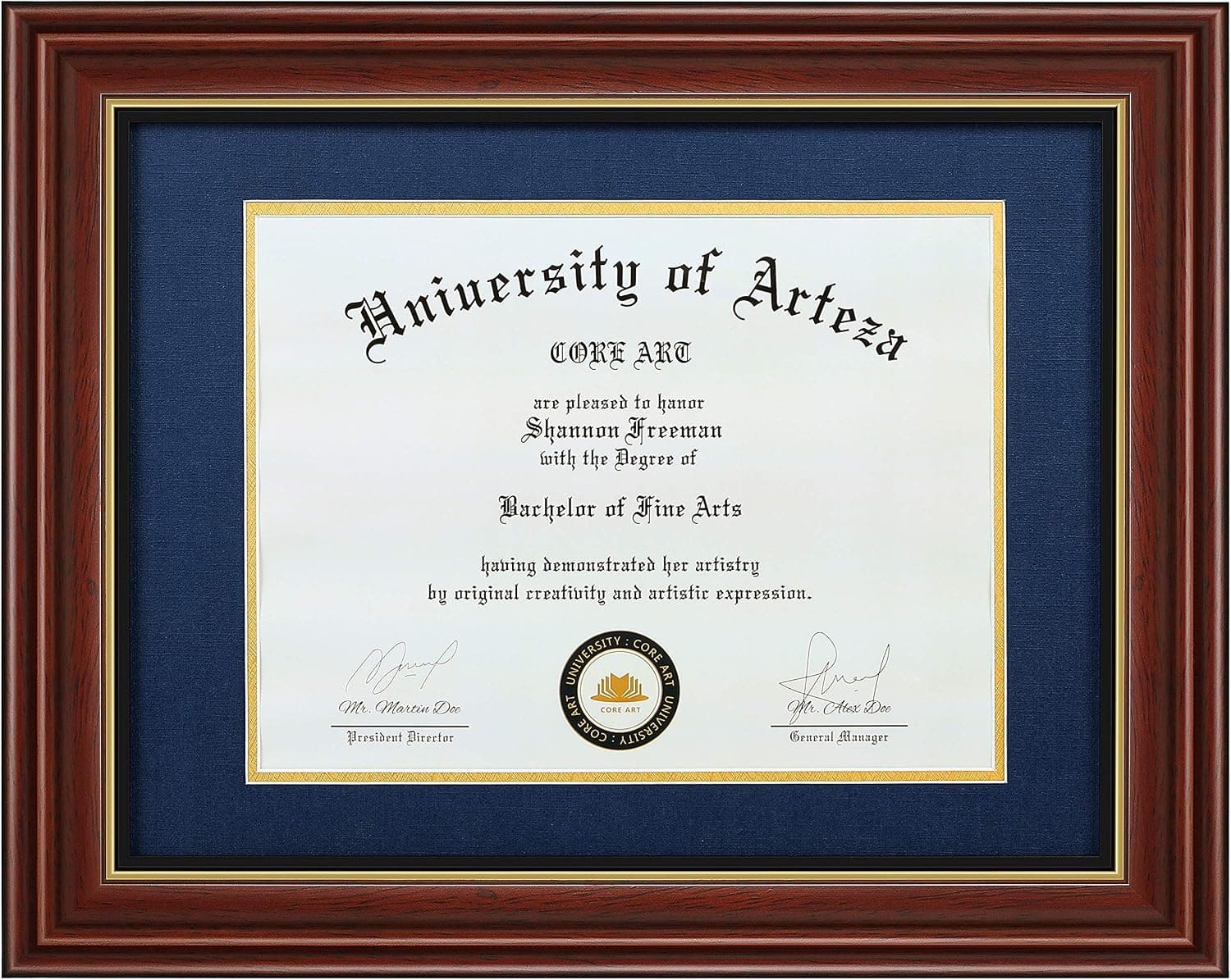 CORE ART 11x14 Diploma Frame Display Certificates 8.5 x 11 with Navy Mat or Documents 11 x 14 without Mat, College Degree Wooden Frame with Tempered Glass for Wall and Tabletop Display(Chocolate Brown)