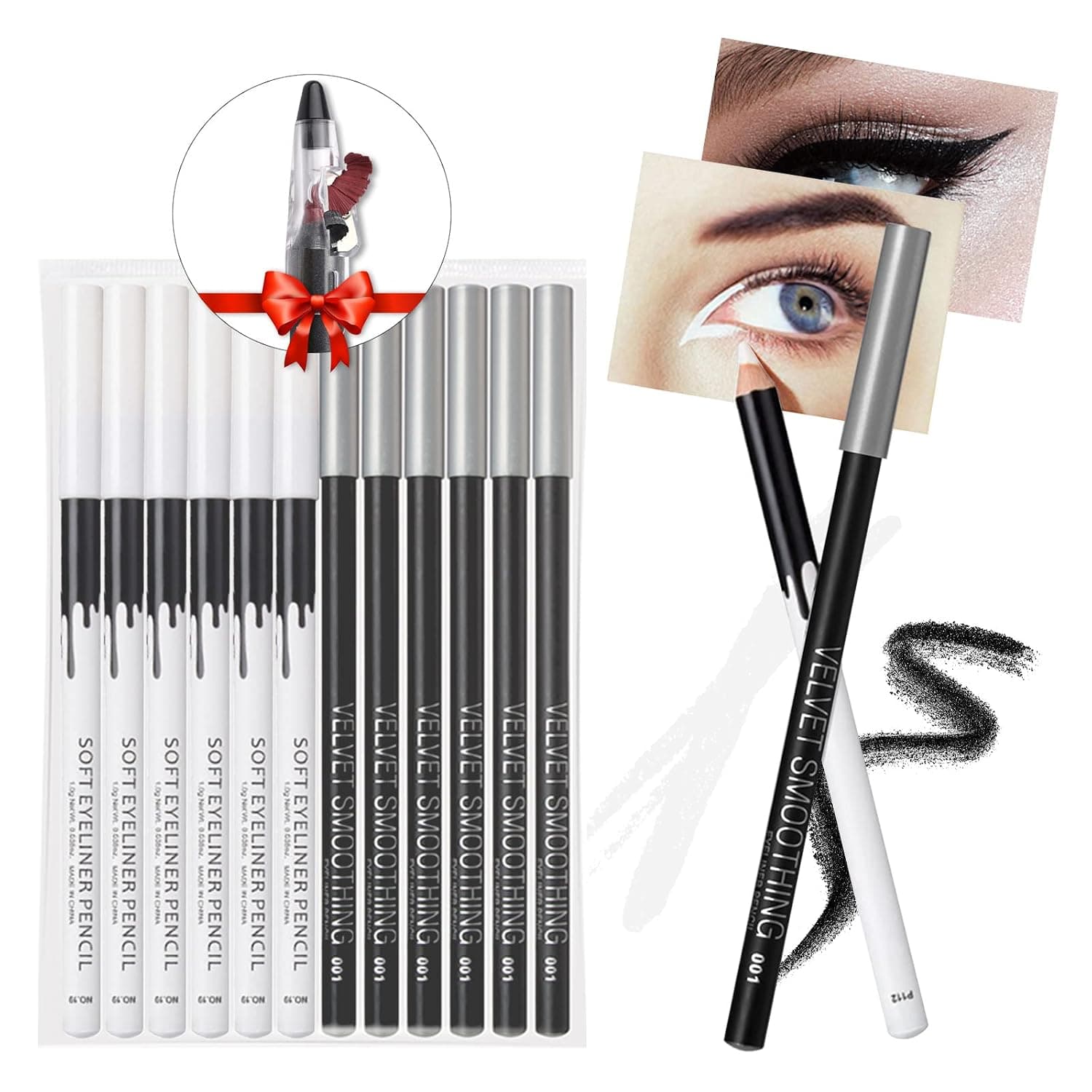 12PCS Erinde Eyeliner Pencil Set, White Eyeliner Pencil, Soft Black Eye Liner Eyebrow pencil, Eye Brightener Stick, Waterproof Natural Matte Hypoallergenic, White Eye Liners Makeup Pencils, Easy to Color