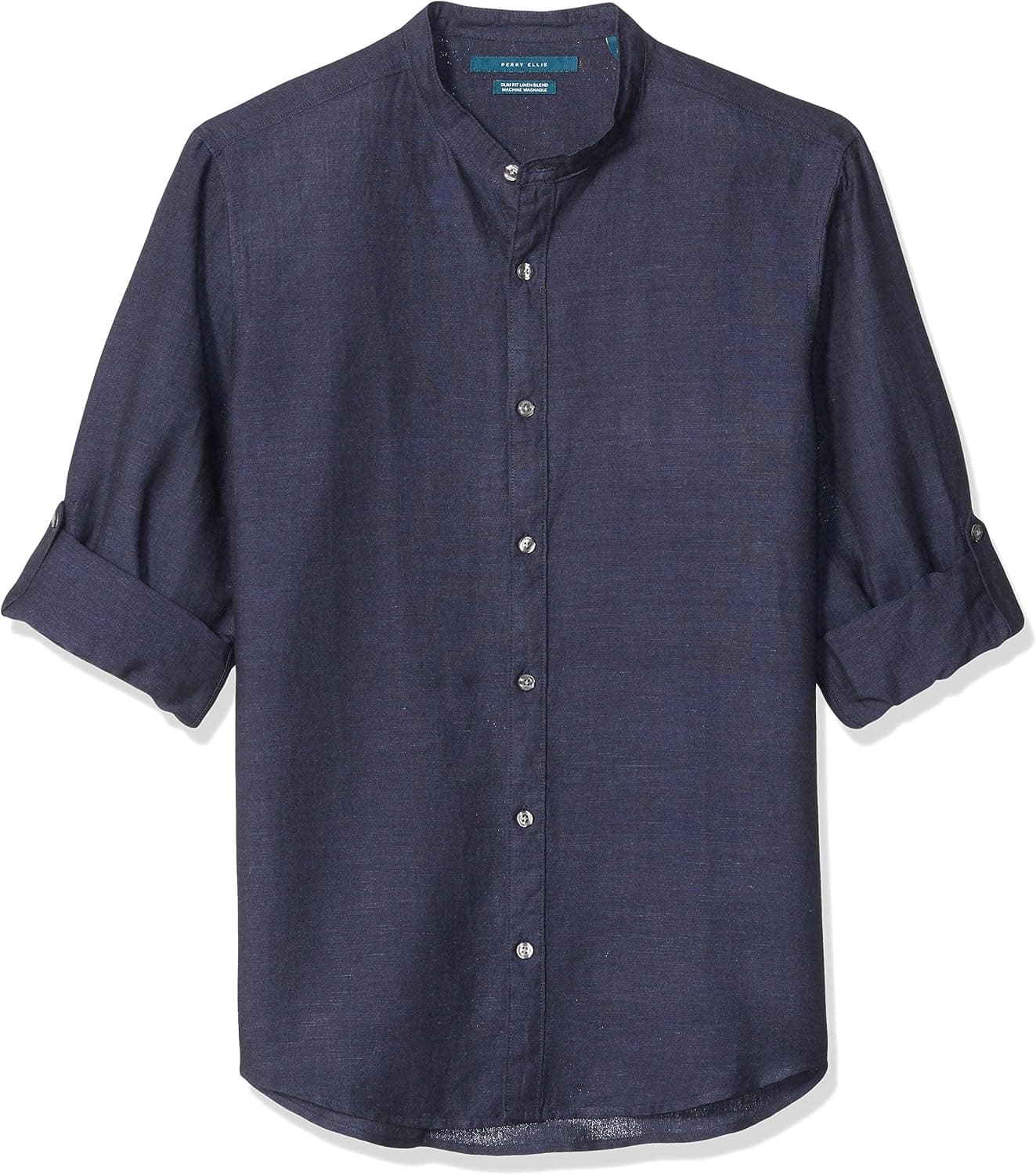 Perry Ellis Men's Standard Slim Fit Linen Cotton Rolled Sleeve Banded Collar Shirt