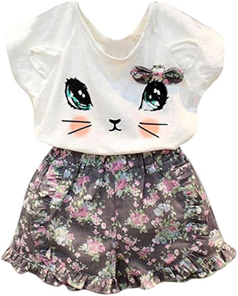 puseky Toddler Baby Girls Cute Cat T-Shirt+Floral Shorts Kids Summer Clothes Set