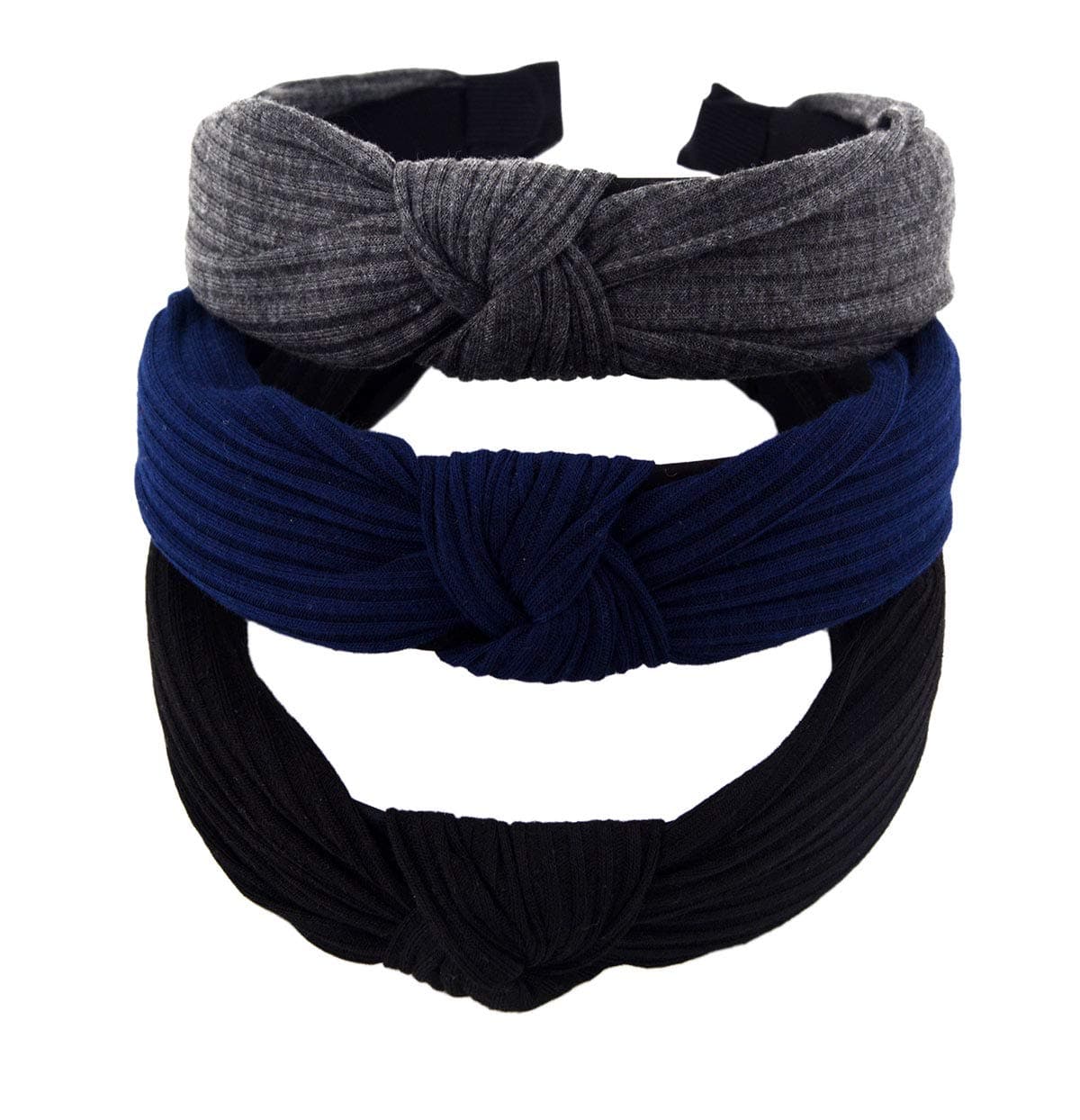 STHUAHE Pack of 3 Women Wide Stripes Cloth Cross Knot Hair Hoop Hairband Headband Hair Accessories (black Darkgrey Deepblue)