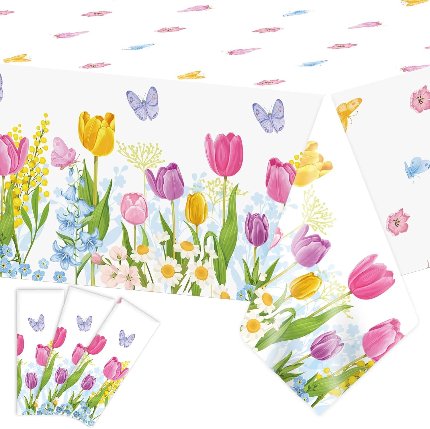 3 Pcs Spring Tulip Plastic Tablecloth Spring Summer Blooming Floral Disposable Table Cover Watercolor Tulip Decorations Spring Summer Party Table Cloth for Picnic Baby Shower Birthday 105 x 54 inch