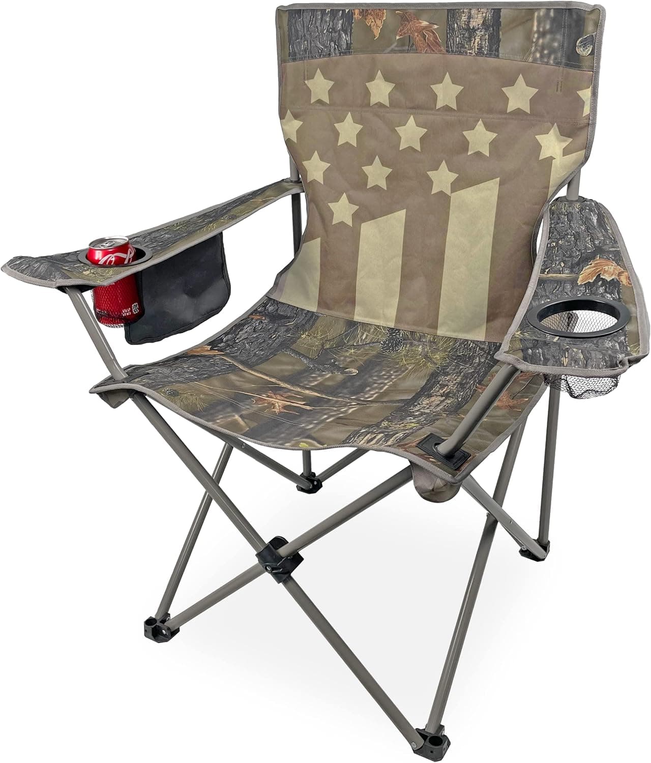 Black Sierra XL Patriotic Camo US American Flag Quad Chair, for Camping, Beach Chair, Lawn Chair, Oversize Steel Frame Supports 300 lbs, Quilted Padding with Cupholders USA American Flag