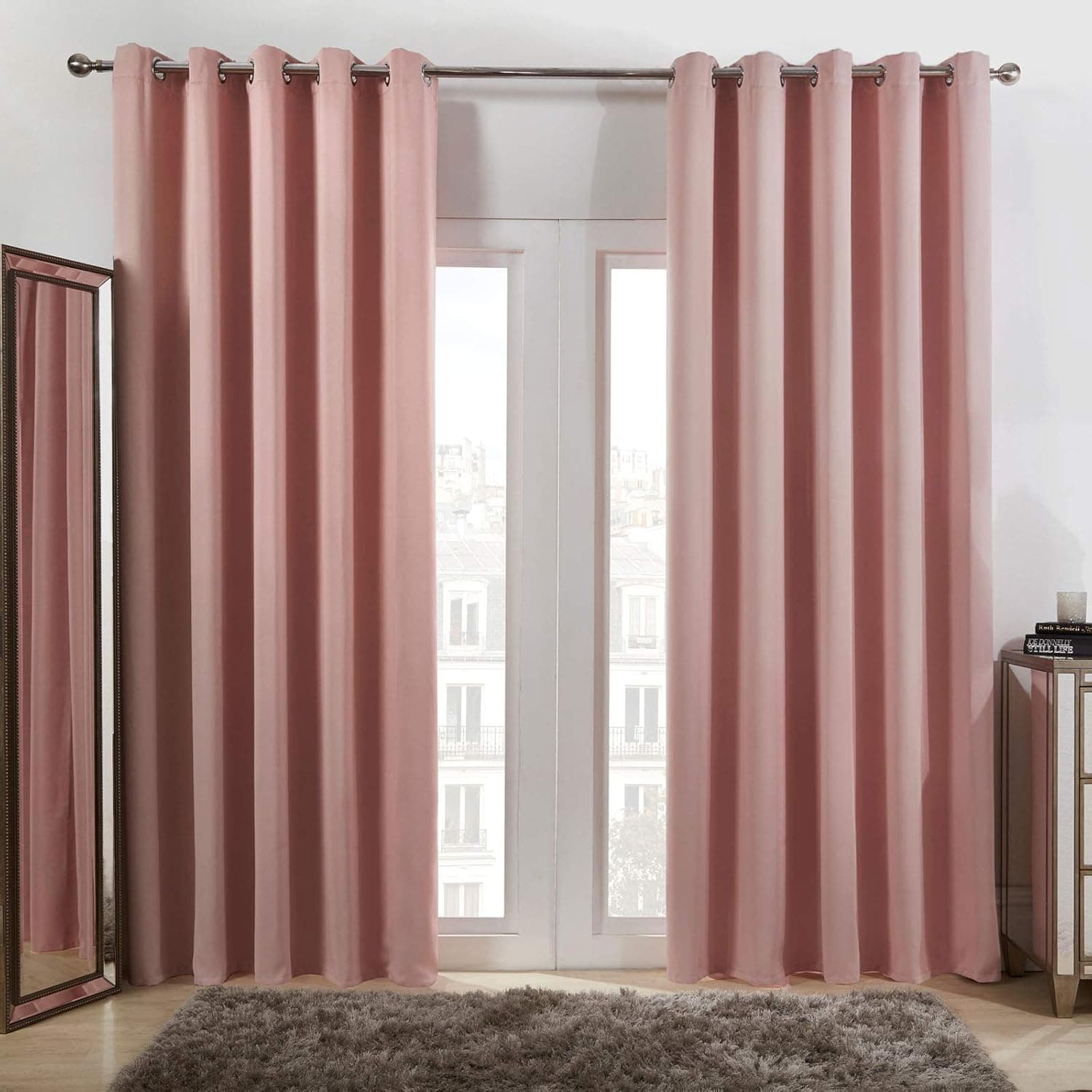 Dreamscene Eyelet Blackout Curtains Set of 2 Thermal Ring Top Window Treatment Panels - Blush Pink, Width 66" x Drop 54