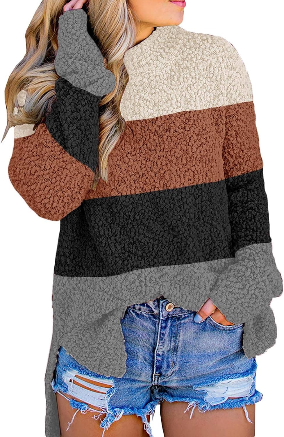 Lynwitkui Women's Fuzzy Knitted Sweater Sherpa Fleece Long Sleeve Side Slit Tunic Tops