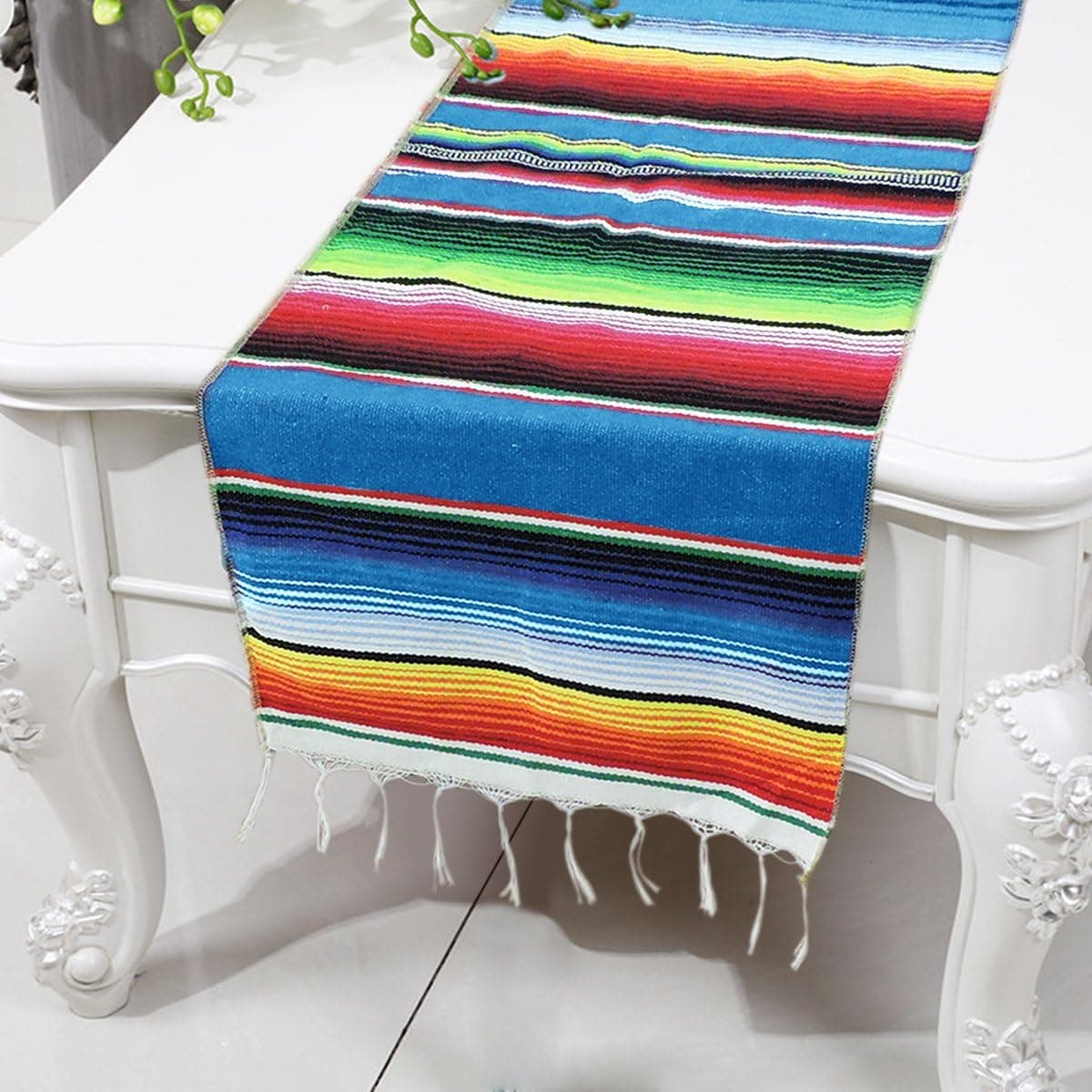 Smurfs Yingda Mexican Serape Table Runner Fringe Cotton Table Runner （Pack of 1, Blue）