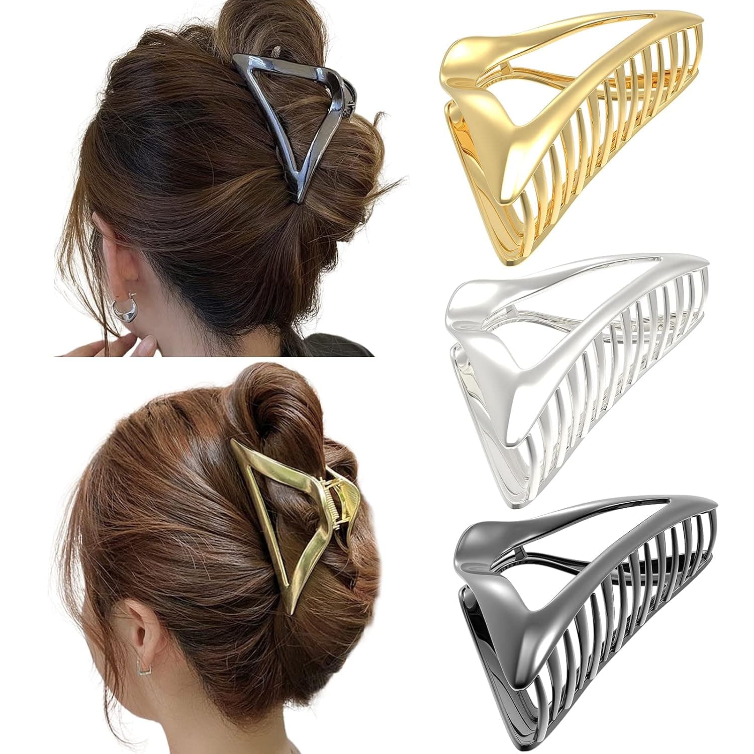 3 Pack Hair Claw Clips for Thick Hair, 4in Medium Metal Hair Clips for Women, Hair Claw Clips for Thin & Long Hair, Triangles Claw Clips Hair Accessories for Styling and Securing Hairstyle, 3 Colors
