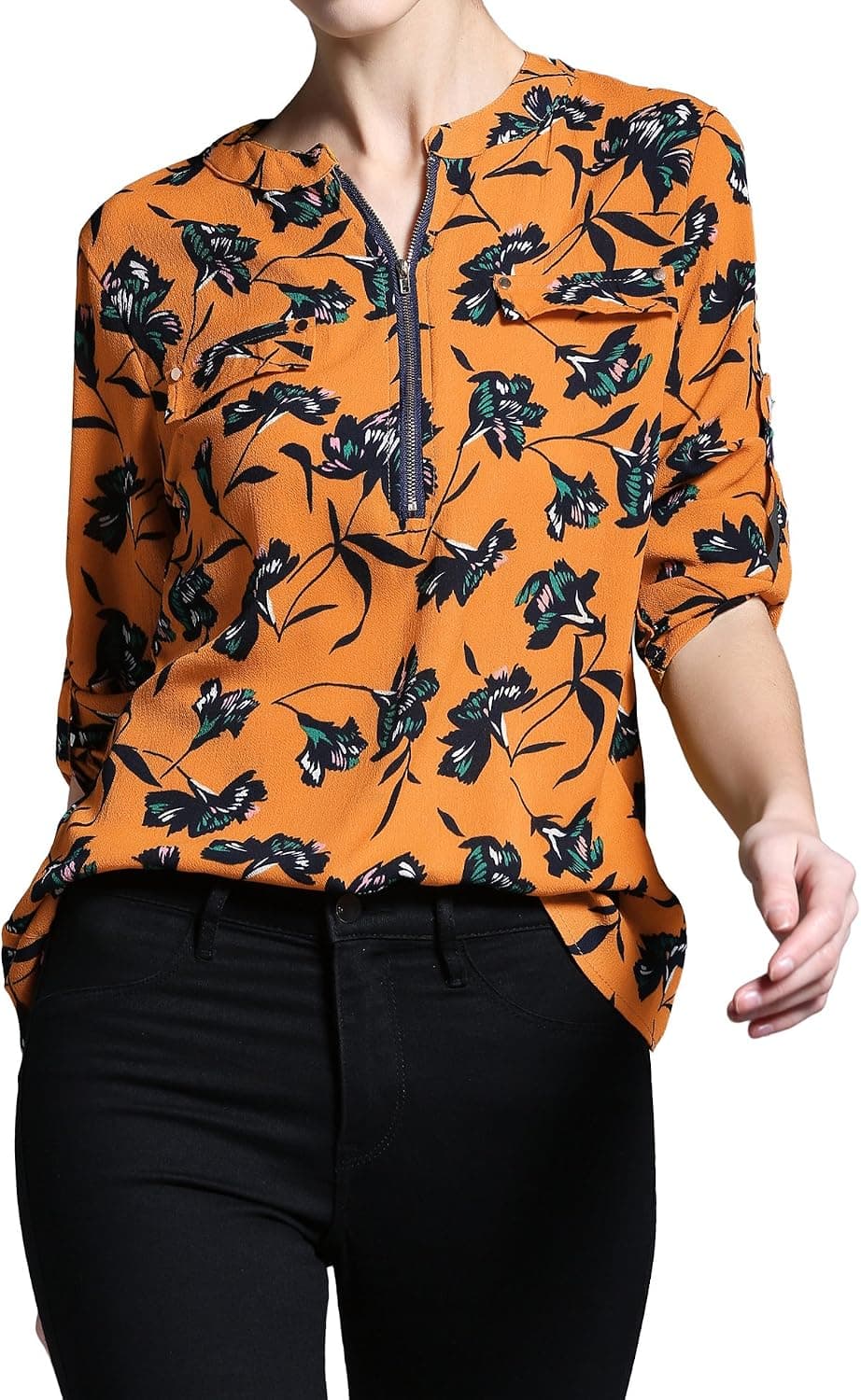 BALEMS Women Casual Long Sleeve Roll-Up Sleeve Chiffon Zip Up V Neck Blouse