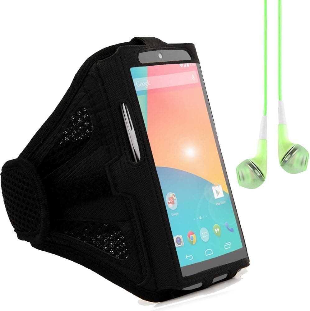 Adjustable Running Sports Gym Armband Pouch Case for Google Nexus 4, Nexus 5 (Black) and Green VanGoddy Headphones with MIC