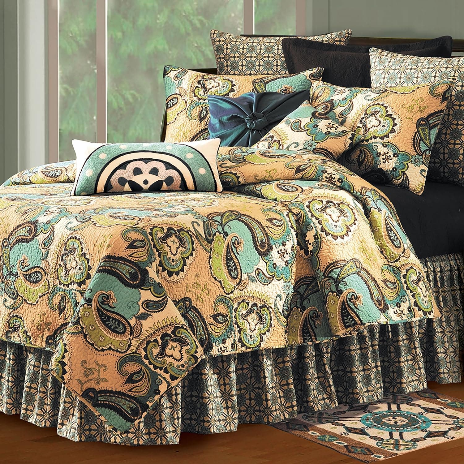 C&F Home Kasbah Paisley Traditional Floral Teal Green Brown Reversible Machine Washable Full/Queen Bedspread Coverlet Full/Queen Green