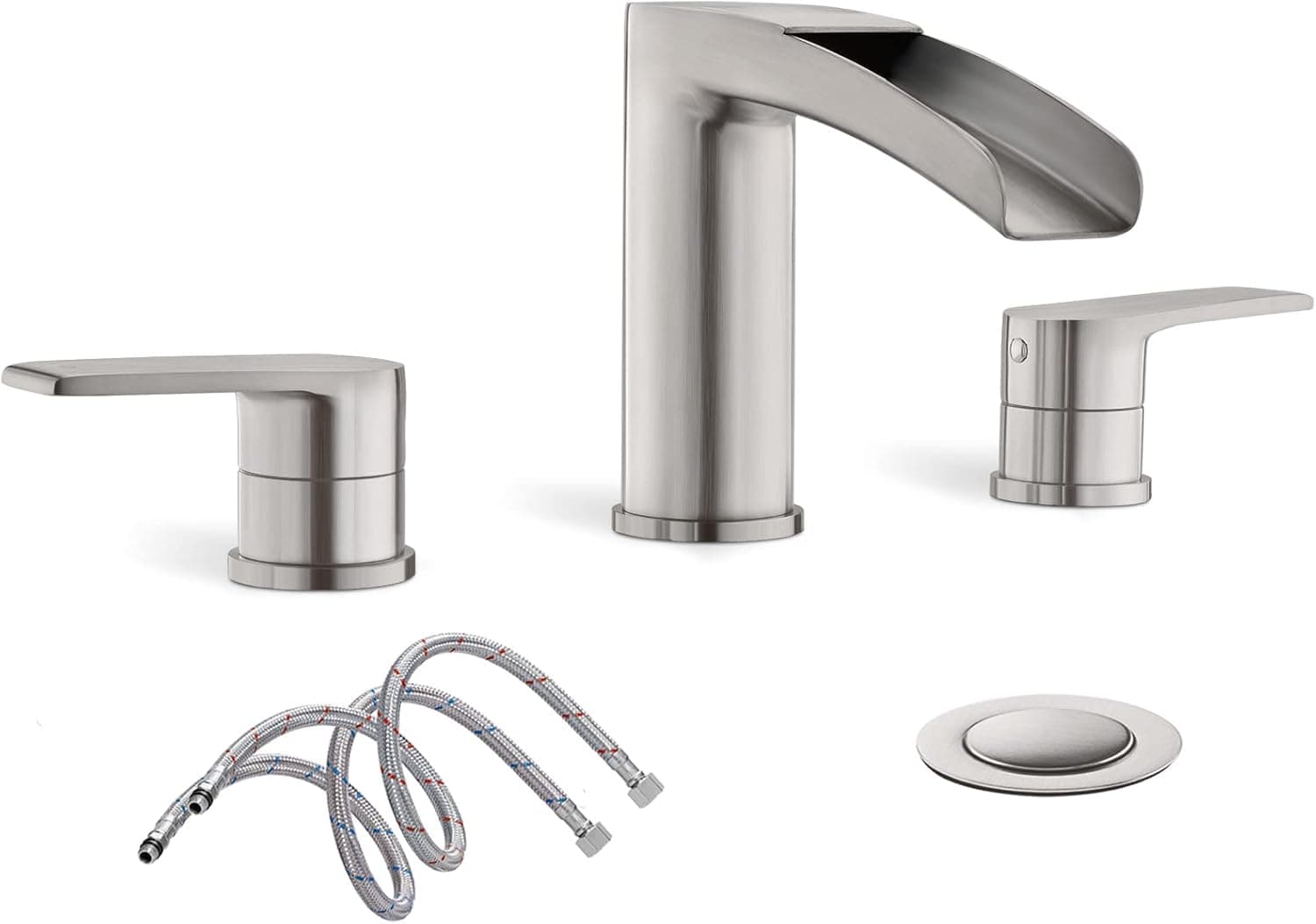 Waterfall Brushed Nickel Bathroom Faucet, 3 Hole Widespread Vanity/Utility Sink Faucet, with Pop Up Drain and Water Supply Line by Phiestina, NS-WF005-BN