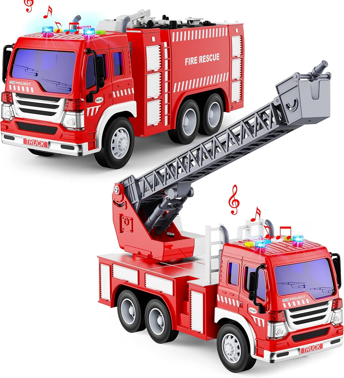 Gizmovine Fire Truck Kid Toys Playset 2 Pack Fire Engine Toys with Lights and Siren Sounds for Kids 3-5 Year Old Boys, Extending Rescue Rotating Ladder Fire Truck Toy for Children Birthday Xmas Gift