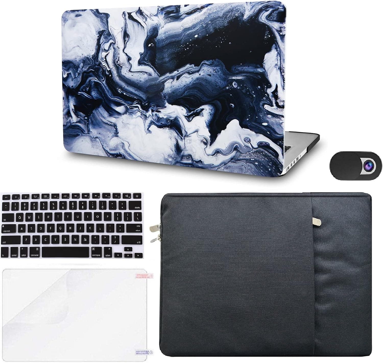 KECC Compatible with MacBook Air 13 inch Case A1932 Retina Display + Touch ID Plastic Hard Shell + Keyboard Cover + Sleeve + Screen Protector + Webcam Cover (Black Grey Marble)