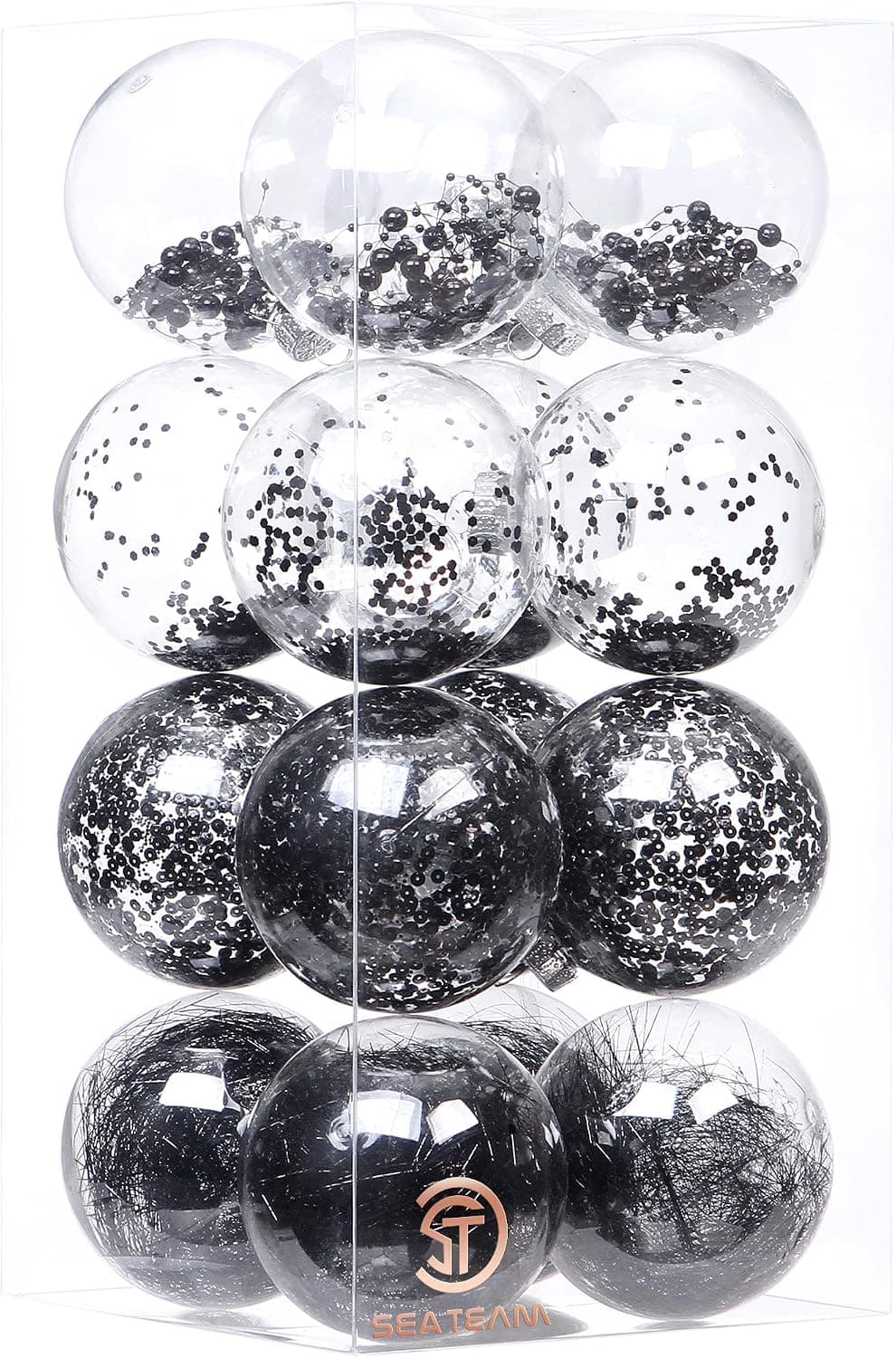 Sea Team Shatterproof Clear Plastic Christmas Ball Ornaments Decorative Xmas Balls Baubles Set with Stuffed Delicate Decorations (100mm/3.94 inch 16-Pack, Black)