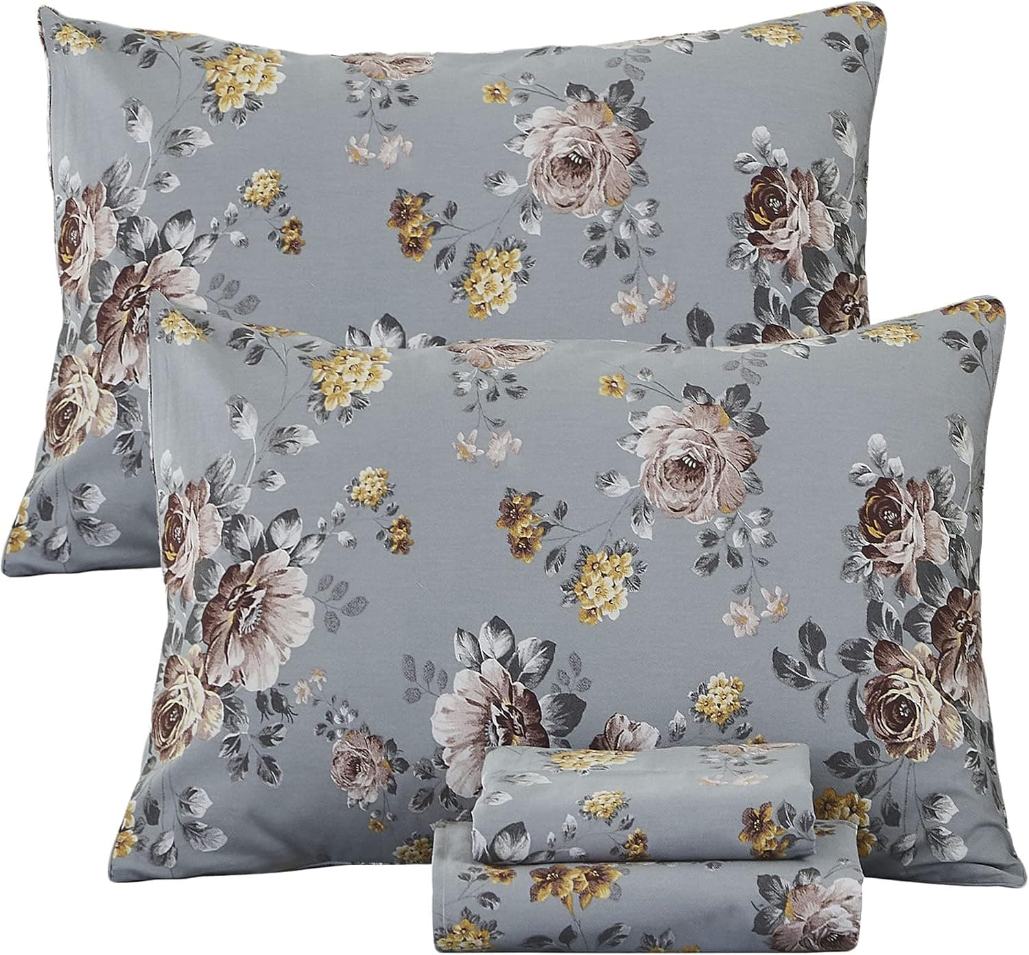 FADFAY 100% Brushed Cotton Sheets Set King Shabby Grey Floral Bedding Elegant Peony Flower Farmhouse Bedding Set Ultra Soft Vintage Rose Sheet Set with Deep Pocket Fitted Sheet 4-Pieces, King Size