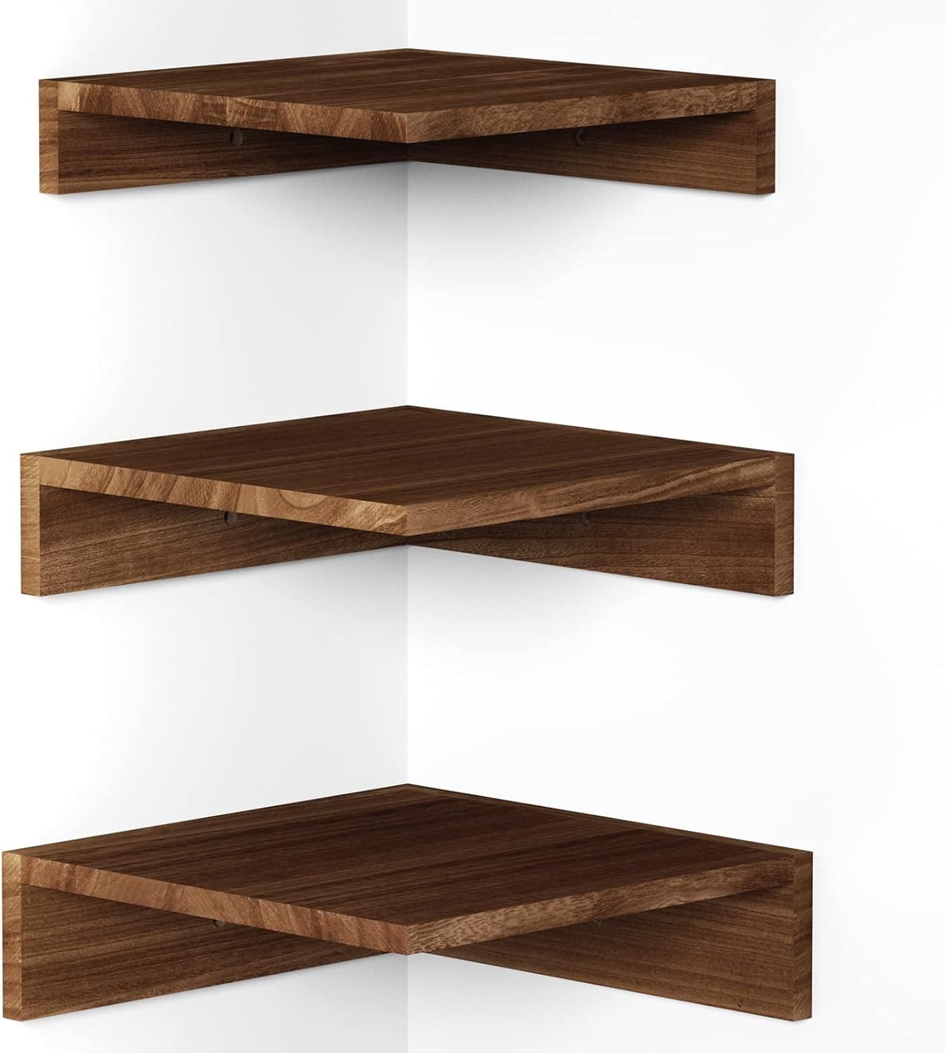 SRIWATANA Corner Wall Shelf, Corner Floating Shelves Wall Mounted, Rustic Wood Corner Shelves Set of 3 for Bedroom, Kitchen(Dark Brown)