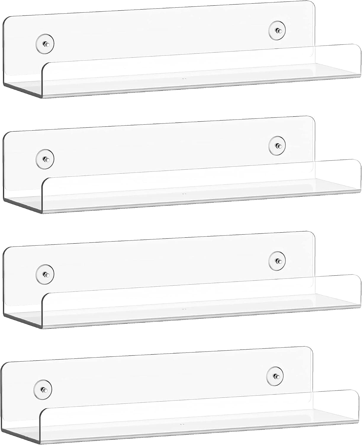 SMARTAKE 4-Pack Plastic Wall Shelves, Clear Wall Mounted Floating Storage Rack, Invisible Wall Ledge Bookshelf, Picture Display Shelves, for Kitchen, Shower, Nursery, Room, Office, 15" L x 4.3" D