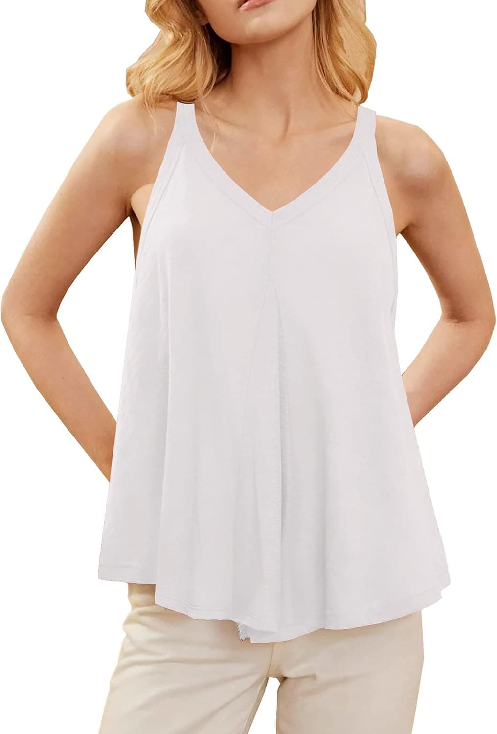 Chigant Women's Tank Tops V Neck Basic Solid Color Cami Tops Casual Flowy Summer Sleeveless Shirts White