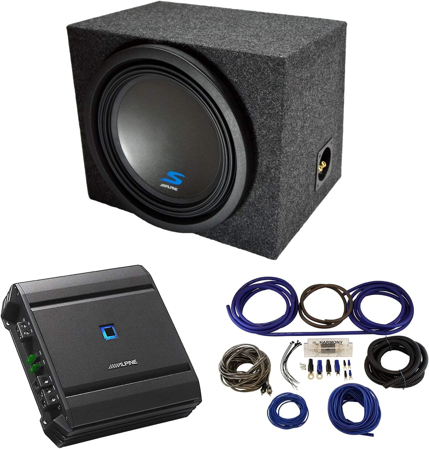 Universal Car Stereo Single 12" Alpine Type S S-W12D4 Bundle with Rearfire Sealed Sub Box Enclosure with S-A60M Amplifier & 4GA Amp Kit