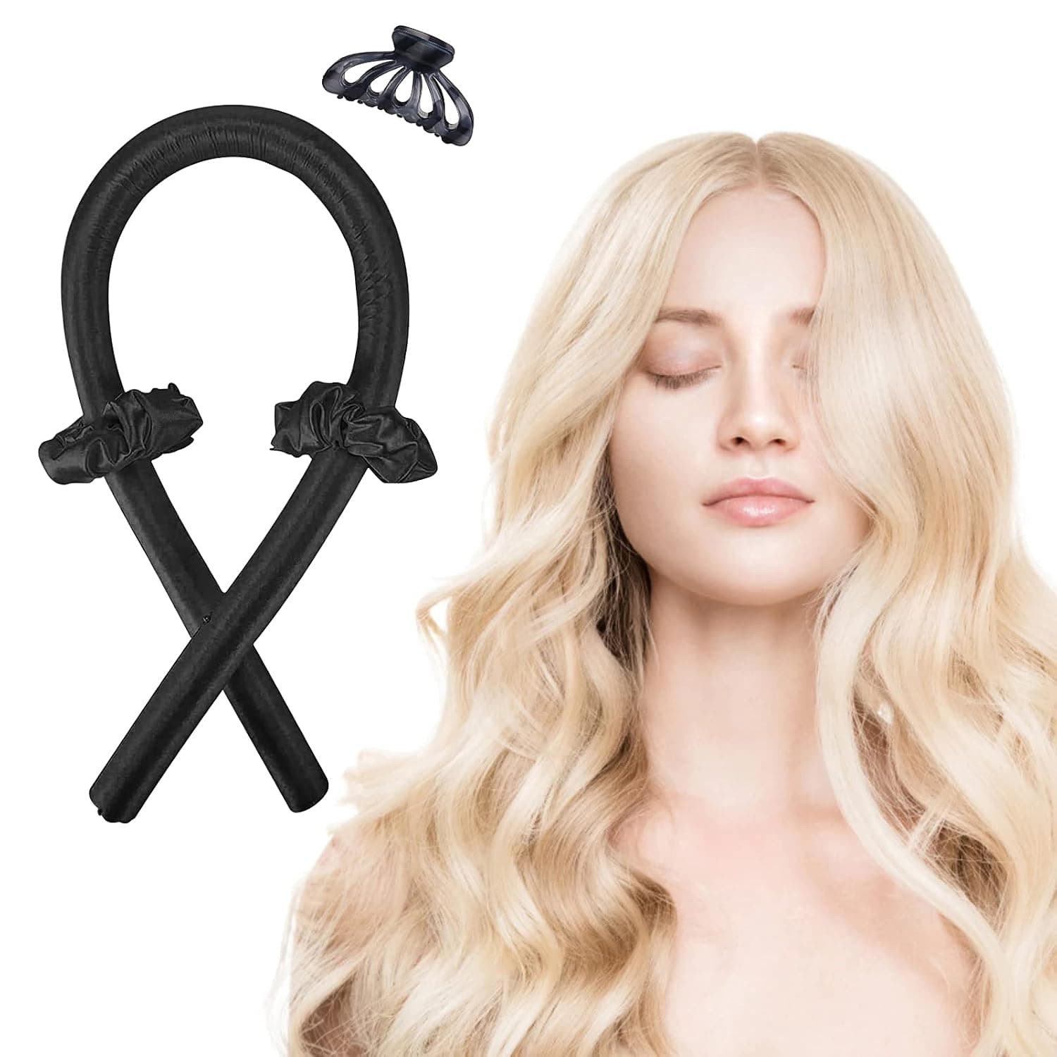 Heatless Hair Curlers Headband- Women Heatless Curling Rod Headband- Sleeping Curls Silk Ribbon Foam Hair Rollers- DIY Hair Styling Tools Kit for Soft Headband Hair Curlers (Black)