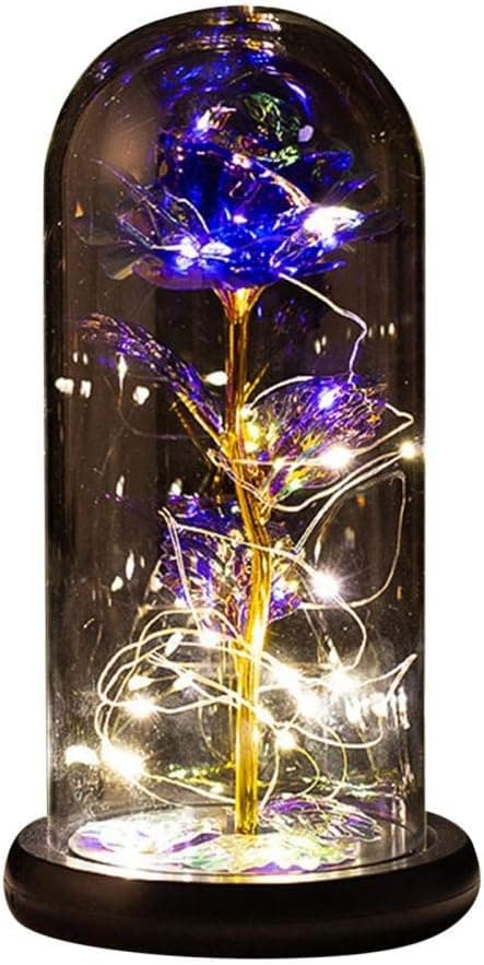 Beauty and The Beast Rose，Galaxy Rose in Glass Dome Wooden Base for Home Decoration Best Gift Valentine's Day Mother's Day Christmas Anniversary Birthday Thanksgiving Day (Gold leaf purple flower)