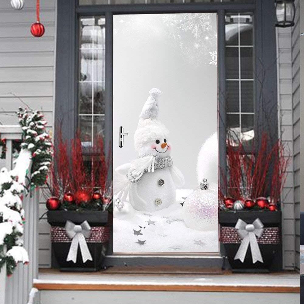 3D Christmas Door Decal Sticker-Christmas Snownman Door Murals Peel and Stick Removable Door Cover Decoration Vinyl Wall Stickers for Door