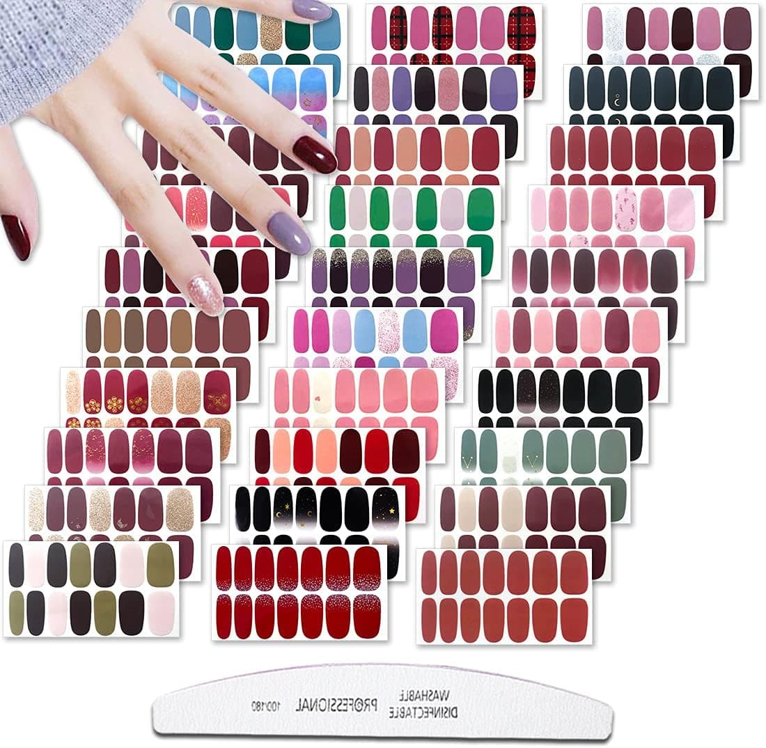 XEAOHESY 30 Sheets Solid Gradient Color Nail Polish Strips with Nail File Glitter Self-Adhesive Full Wraps Gel Stick On Nail Polish Stickers Nail Art Decals for Women Girls