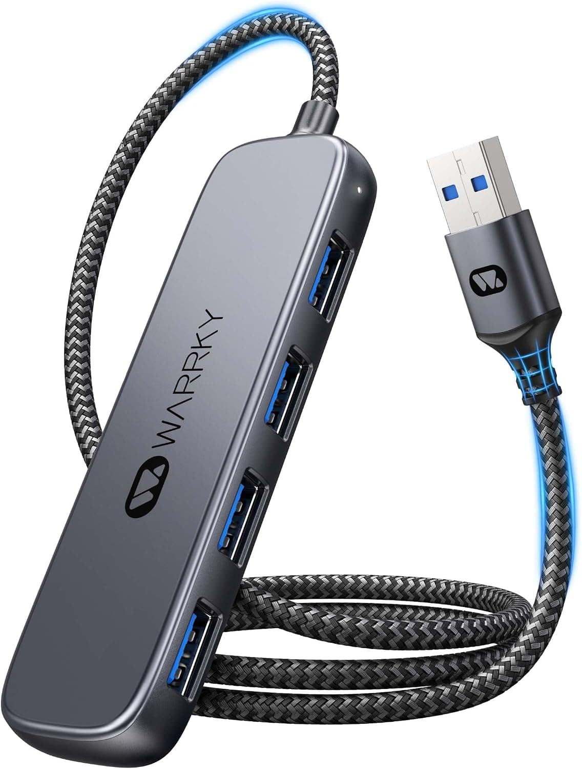 USB Splitter 3.0, WARRKY 4 Port USB Hub for Laptop [3FT Braided Cable, Aluminum Shell] Ultra-Slim Multi USB Port, Compatible with PC, Desktop, Surface Pro, MacBook, Flash Drive, Playstation, Xbox