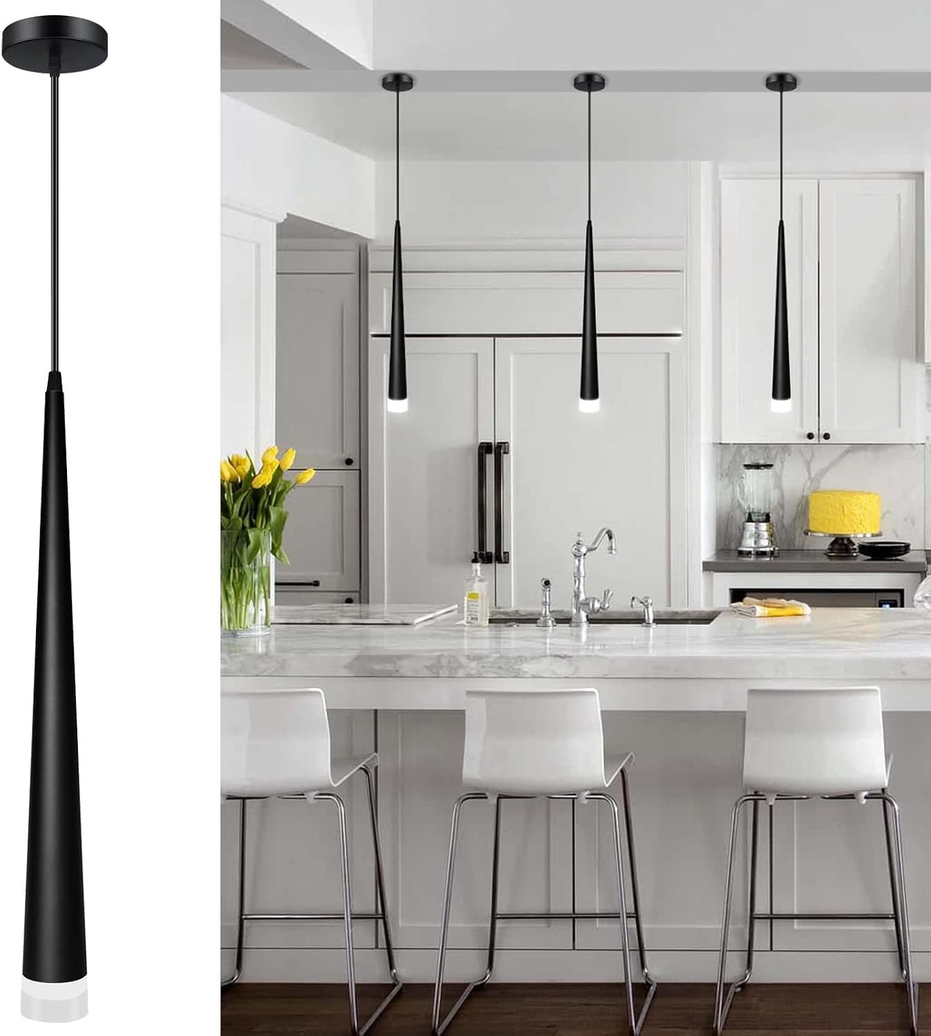 OKELI Black LED Pendant Light,Morden Conical Dimmable Pendant Lights,Ceiling Hanging Minimalist Pendant Lighting for Kitchen Island,Dinning Room,Bedroom,Bar,5w,4000k,ETL Listed,3 Pack