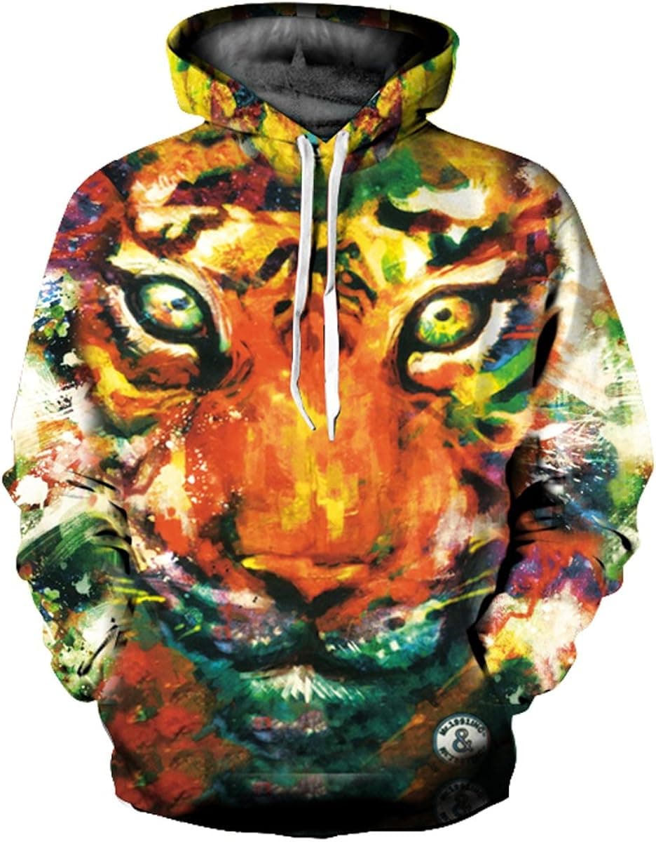 LEISUP Unisex Simulation Printed Galaxy Pocket Drawstring Hooded Sweatshirt Abstract Tiger XL
