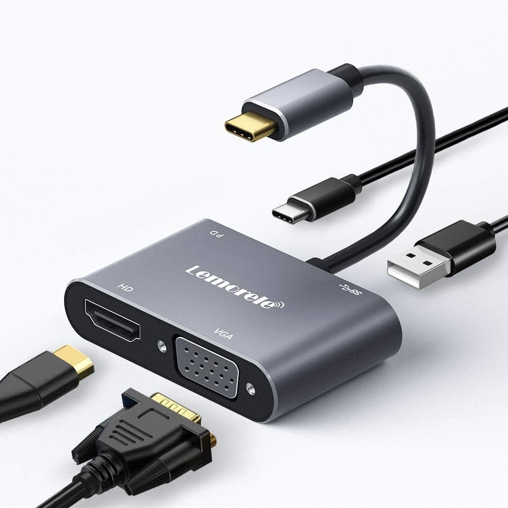 Lemorele USB C to HDMI VGA Adapter, USB C Hub with 4K HDMI, 1080p VGA, USB 3.0, PD Charging, Four in One USB C Adapter, Multi Display Video Converter for MacBook Pro/ipad Pro/Dell XPS/Nintendo Switch