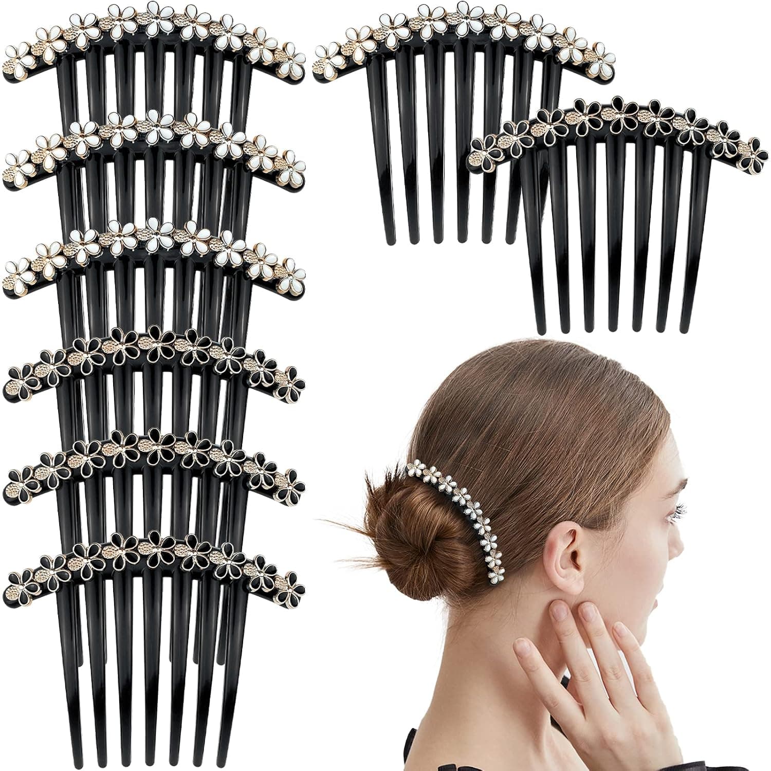 8 Pcs Rhinestone Pearl Black Hair Side Combs Crystal Decorative Hair Combs Vintage Elegant Twist Combs French Side Combs Plastic Hair Combs Accessories for Women and Girls (Five-Petaled Flower)