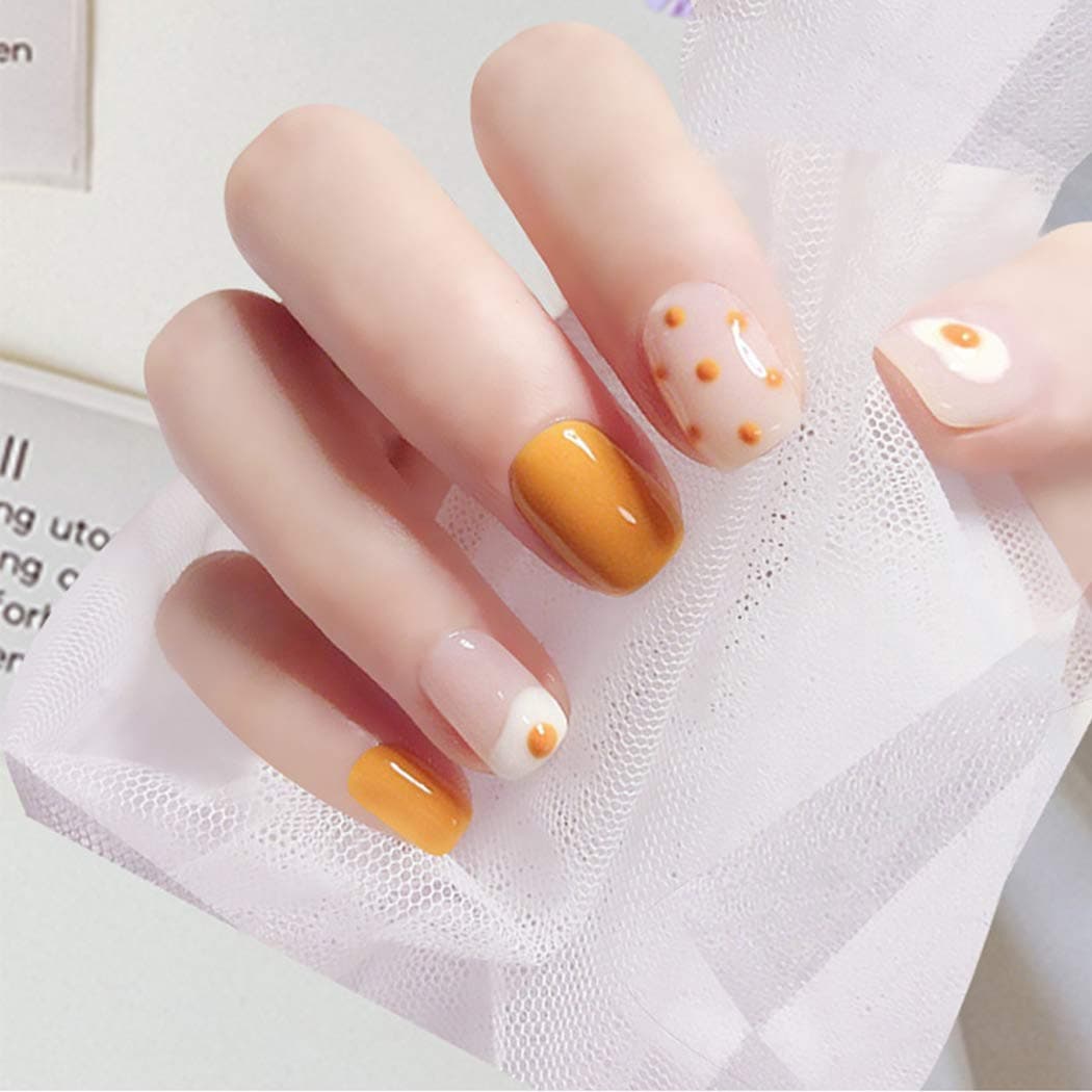Gangel Short Square Press on Nails Glossy Full Cover Yellow Dots False Nails Flower Fake Nails Artificial Nails for Women and Girls(24 pcs) (Short Square-Yellow Flower)