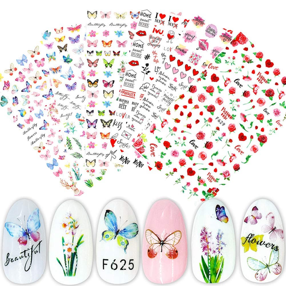 Macute Butterfly 3D Nail Art Decoration Stickers 6 Sheets Butterfly Designs Nail Decals Colorful Flowers English Letter Patterns for Women DIY Manicure Acrylic Tip Wraps Decor