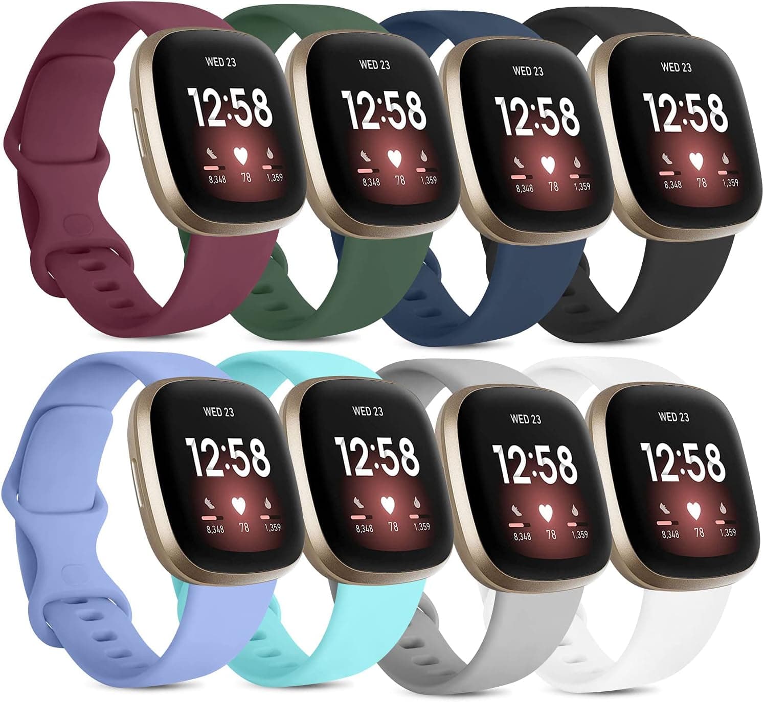8 Pack Silicone Bands Compatible with Fitbit Versa 3 Bands and Fitbit Sense Bands, Classic Soft Sport Bands Replacement Wristbands for Fitbit Sense/Versa 3 Smart Watch Women Men (Large, 8 Pack C)
